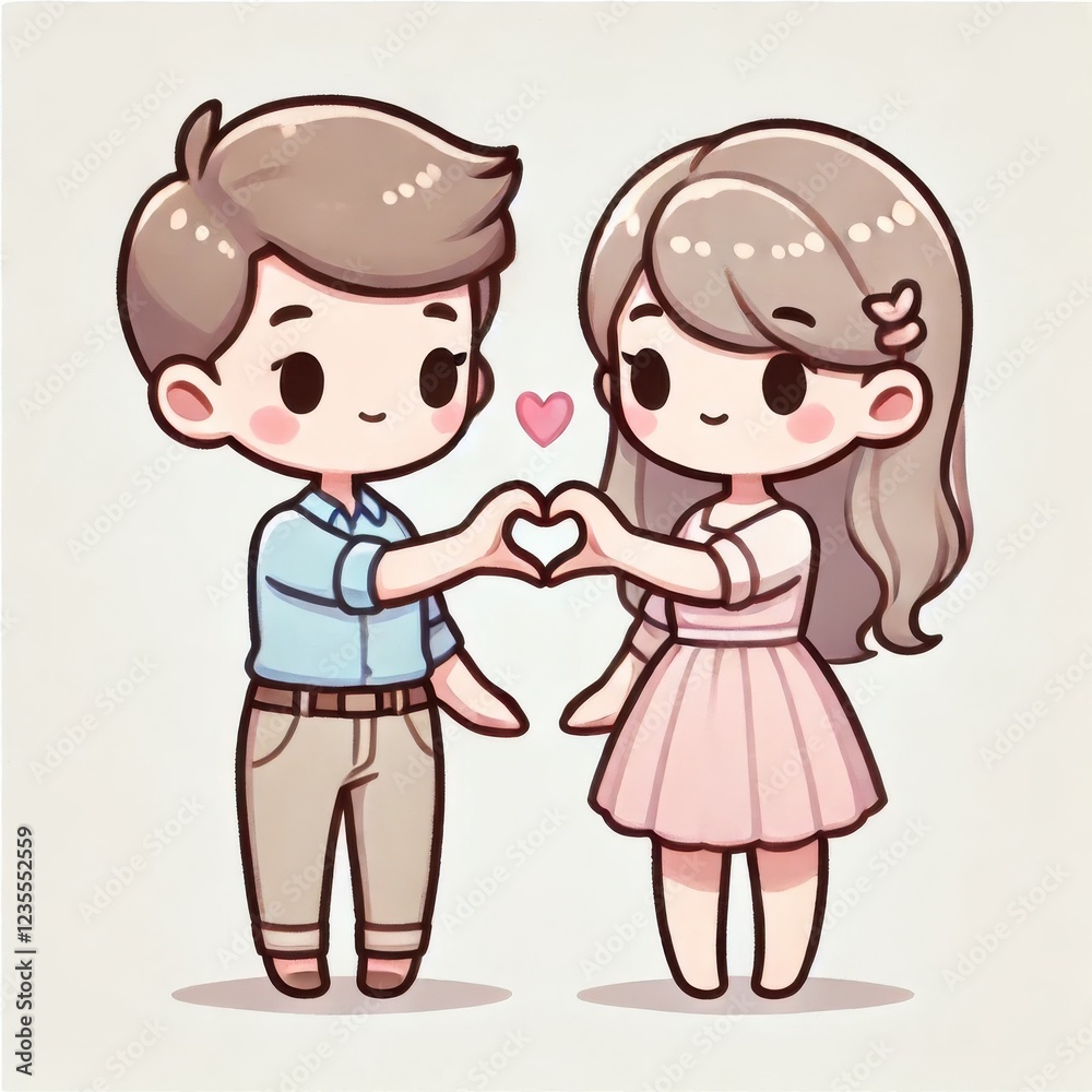 Cartoon couple forming a heart shape with their hands. Cute pastel illustration on a white background. Valentine's Day and love concept. Cartoon couple forming a heart shape with their hands. Cute pastel illustration on a white background. Valentine's Day and love concept.