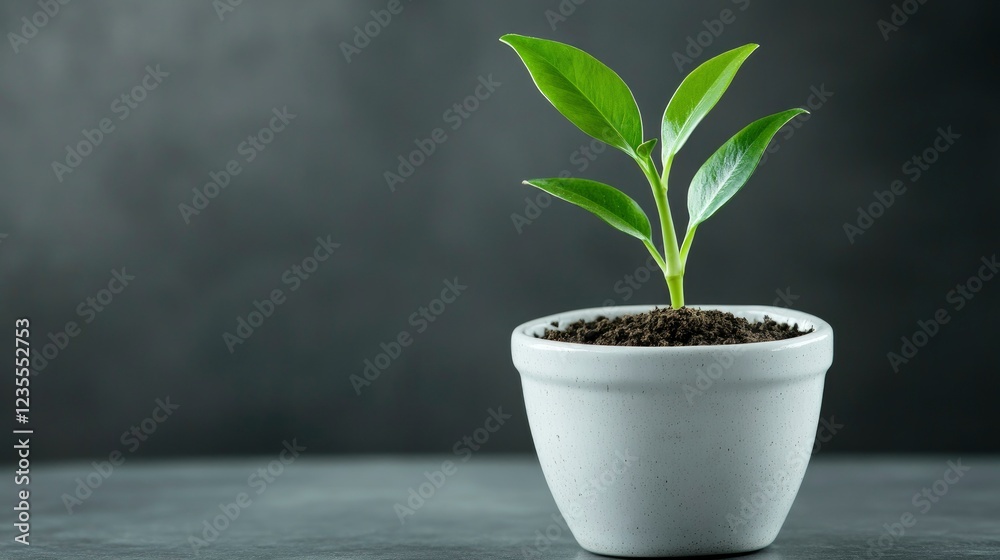 Young Plant Sprout in White Pot, New Growth, Sustainability Concept Young Plant Sprout in White Pot, New Growth, Sustainability Concept