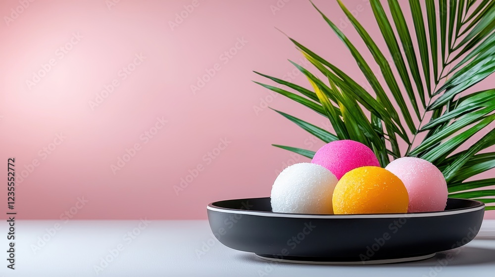 Fototapeta premium Colorful decorative balls arranged in a black bowl, complemented by a green palm leaf against a soft pink background.