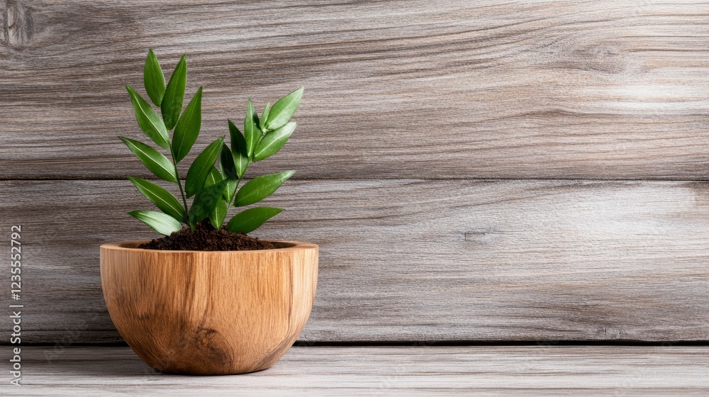 Serene Green Plant in Wooden Bowl Against Rustic Wooden Background Serene Green Plant in Wooden Bowl Against Rustic Wooden Background