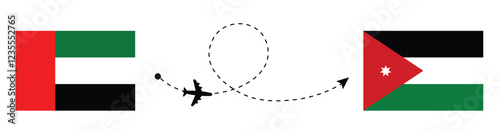 UAE to Jordan flight travel concept. Abu Dhabi to Amman flight travel by airplane. UAE flag. Jordan flag.