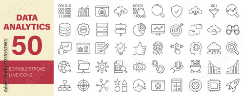 Data analytics Line Editable Icons set. Vector illustration for web and mobile app. Data analysis, big data, database, statistics, server, monitoring, hosting, data mining, and more.