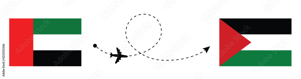 UAE to Palestine flight travel concept. Abu Dhabi to Ramallah flight travel by airplane. UAE flag. Palestine flag. UAE to Palestine flight travel concept. Abu Dhabi to Ramallah flight travel by airplane. UAE flag. Palestine flag.