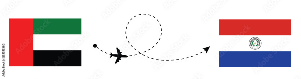 UAE to Paraguay flight travel concept. Abu Dhabi to Asunción flight travel by airplane. UAE flag. Paraguay flag.
UAE to Paraguay flight travel concept. Abu Dhabi to Asunción flight travel by airplane. UAE flag. Paraguay flag.