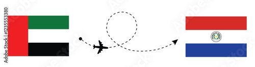 UAE to Paraguay flight travel concept. Abu Dhabi to Asunción flight travel by airplane. UAE flag. Paraguay flag.

