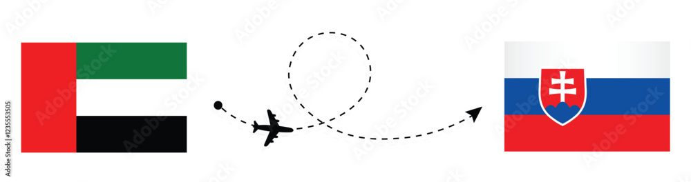 UAE to Slovakia flight travel concept. Abu Dhabi to Bratislava flight travel by airplane. UAE flag. Slovakia flag. UAE to Slovakia flight travel concept. Abu Dhabi to Bratislava flight travel by airplane. UAE flag. Slovakia flag.