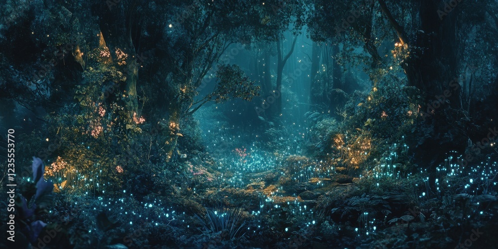 Enchanting Glowing Forest Night Scene With Luminescent Flora Enchanting Glowing Forest Night Scene With Luminescent Flora