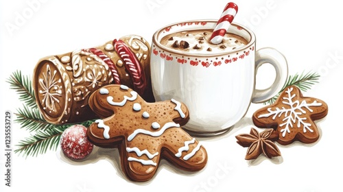 Gingerbread cookies and hot cocoa, cozy Christmas theme, hand-drawn, isolated on white background. 