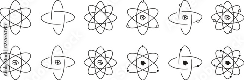 Atom structure icons set. Concept of science, quantum physics, atomic structure. Black outlined atoms with orbiting electron around nucleus, isolated on transparent background. Nuclear physics symbol.