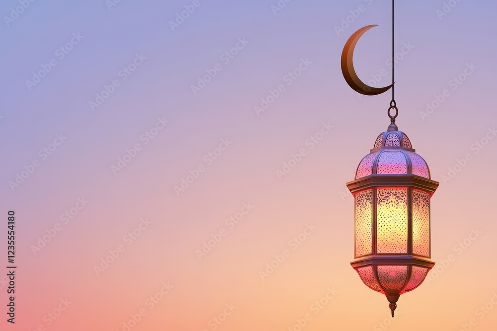 Illuminated Ramadan Lantern Hanging with Crescent Moon at Sunset Peaceful Festive Background