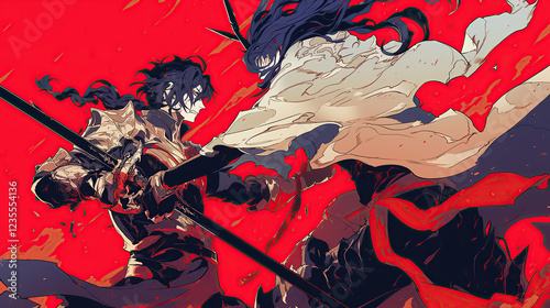 anime scene battle of two warrior with sword