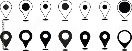 Location and map pin icon set. Map pointer pin sign black outline destination icon, isolated on transparent background. Solid location navigation. Address symbol vector illustration.