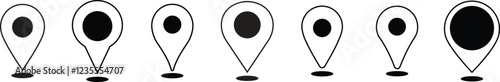 Location and map pin icon set. Map pointer pin sign black outline destination icon, isolated on transparent background. Solid location navigation. Address symbol vector illustration.