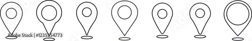 Location and map pin icon set. Map pointer pin sign black outline destination icon, isolated on transparent background. Solid location navigation. Address symbol vector illustration.