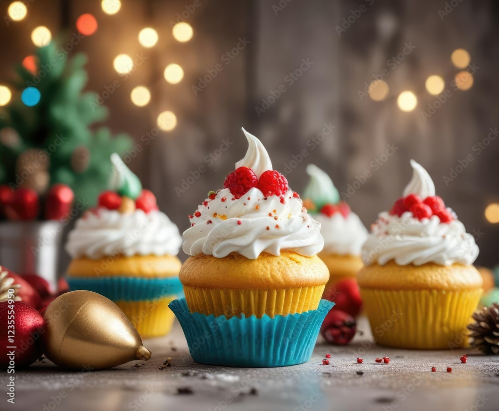 A stack of colorful layered cupcakes topped with fluffy whipped cream frosting and festive holiday decorations, colorful layered cupcakes, stacked desserts A stack of colorful layered cupcakes topped with fluffy whipped cream frosting and festive holiday decorations, colorful layered cupcakes, stacked desserts