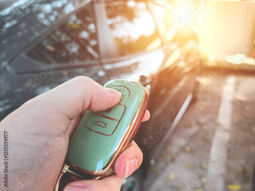 Close-up view of the hand pressing the car remote lock. Concept of car security system, anti-theft, and car lock notification system.