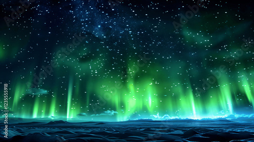 Aurora borealis above mountains in fog at night. Northern lights. Sky with stars with polar lights and high rocks. Beautiful landscape with aurora, city lights in low clouds, mountain ridge. Space