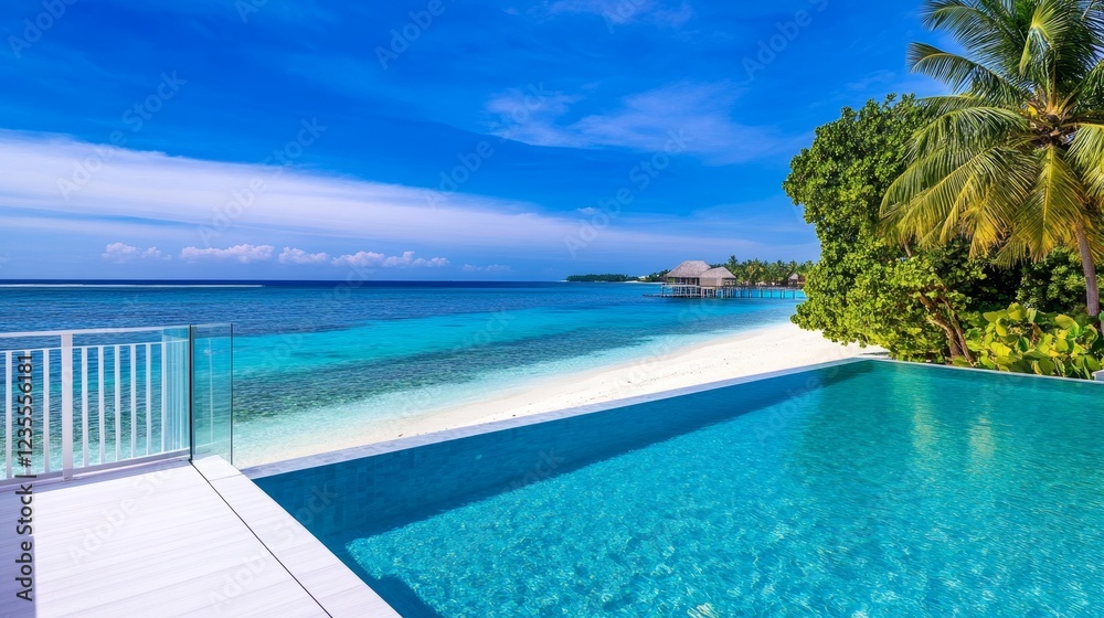 Serene beachfront view with crystal-clear pool, tropical palm trees, and distant huts under a blue sky Serene beachfront view with crystal-clear pool, tropical palm trees, and distant huts under a blue sky