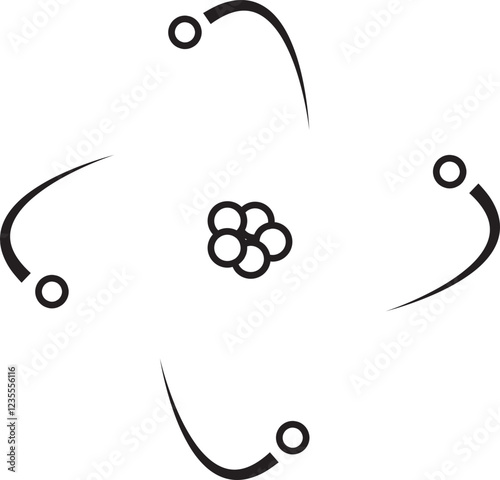 Atom structure icon. Concept of science, quantum physics, atomic structure. Black outlined atom with orbiting electron around nucleus, isolated on transparent background. Nuclear physics symbol.