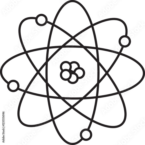 Atom structure icon. Concept of science, quantum physics, atomic structure. Black outlined atom with orbiting electron around nucleus, isolated on transparent background. Nuclear physics symbol.