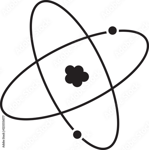 Atom structure icon. Concept of science, quantum physics, atomic structure. Black outlined atom with orbiting electron around nucleus, isolated on transparent background. Nuclear physics symbol.