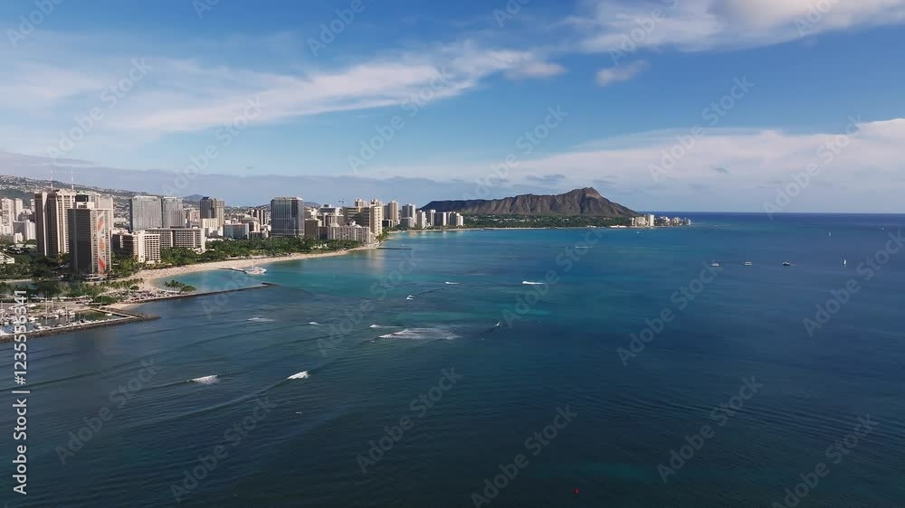A slow, sweeping aerial pan of Waikiki Beach in Honolulu, Hawaii, featuring Diamond Head, turquoise waters, boats, and the city's skyline with lush greenery. A slow, sweeping aerial pan of Waikiki Beach in Honolulu, Hawaii, featuring Diamond Head, turquoise waters, boats, and the city's skyline with lush greenery.