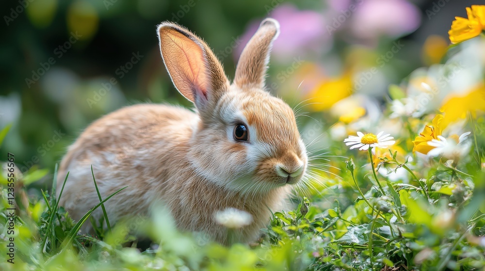 Fototapeta premium close up of rabbit nibbling on grass surrounded by colorful flowers, showcasing beauty of nature and charm of wildlife