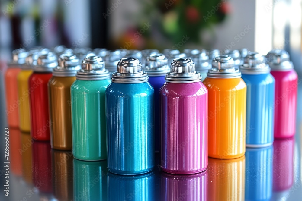 Neatly Organized Modern Spray Paint Cans in a Stylish Array on Display Shelf for Creative Projects Neatly Organized Modern Spray Paint Cans in a Stylish Array on Display Shelf for Creative Projects