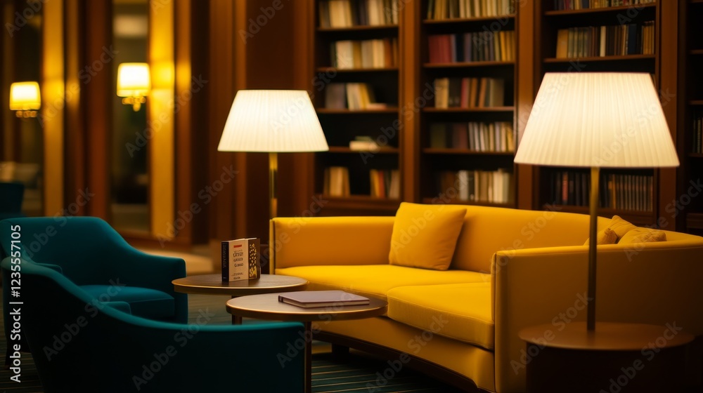 Cozy reading nook in a modern library featuring a yellow sofa, blue chairs, and warm lighting Cozy reading nook in a modern library featuring a yellow sofa, blue chairs, and warm lighting