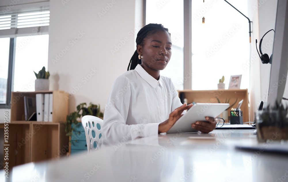 Office, black woman and business with tablet for call center, sales research and customer information. Career, female person and consultant with digital for online survey, crm software and reading