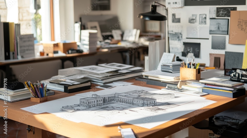 Architect's Workspace: A sunlit desk displaying building blueprints, surrounded by architectural drawings and design elements. Architect's Workspace: A sunlit desk displaying building blueprints, surrounded by architectural drawings and design elements.