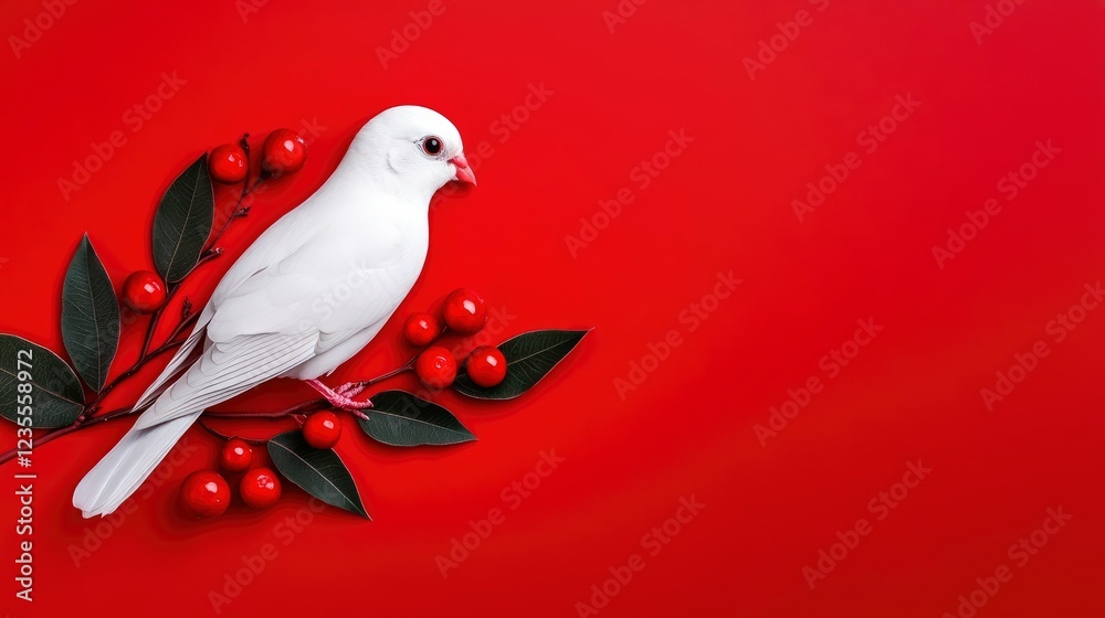 White Dove of Peace on Red Background with Holly Berries