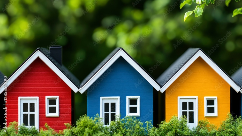 Colorful Miniature Houses in a Lush Green Setting - Real Estate Concept Colorful Miniature Houses in a Lush Green Setting - Real Estate Concept