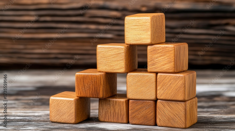 Wooden Blocks Stacked in a Pyramid Shape on Rustic Wooden Background