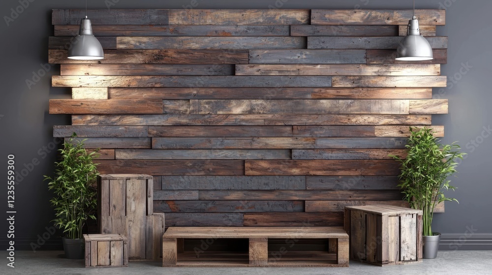rustic wall made of reclaimed wood, featuring two hanging lights and potted plants, creates warm and inviting atmosphere rustic wall made of reclaimed wood, featuring two hanging lights and potted plants, creates warm and inviting atmosphere