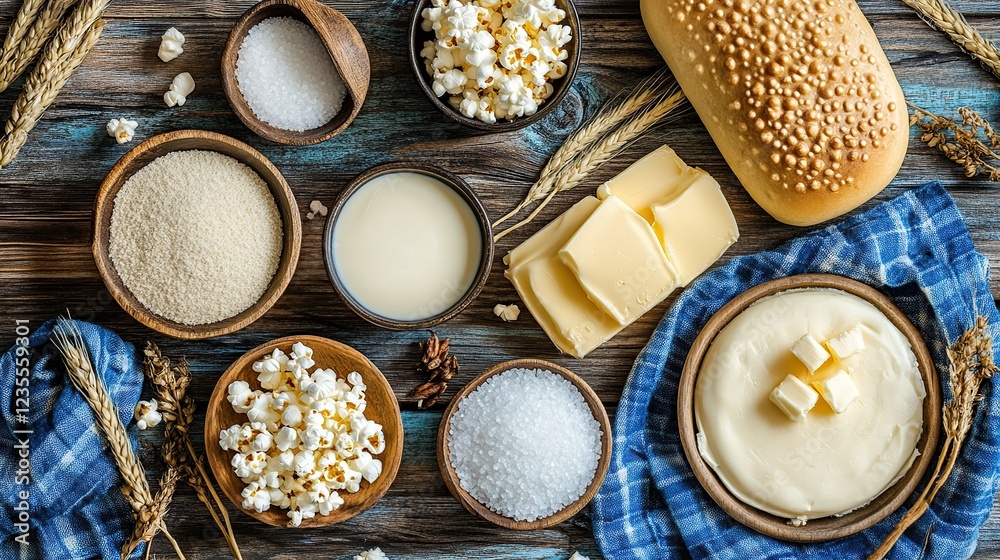 Rustic wood table, popcorn, butter, sugar, bread, recipe ingredients, overhead shot, food blog Rustic wood table, popcorn, butter, sugar, bread, recipe ingredients, overhead shot, food blog
