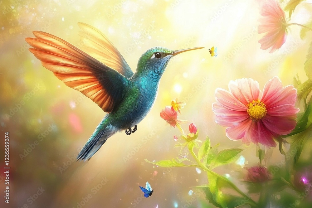 Hummingbird Soaring Amidst Vibrant Blossoms And Butterflies Hummingbird Soaring Amidst Vibrant Blossoms And Butterflies