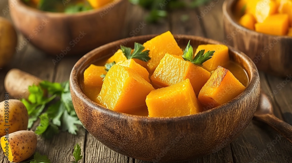 Stewed pumpkin, wooden bowl, rustic table, garnish, fall recipe Stewed pumpkin, wooden bowl, rustic table, garnish, fall recipe