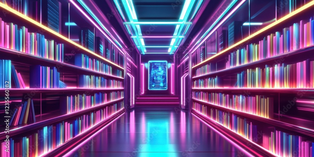 Neon Lit Library Corridor Bookshelves Glow Neon Lit Library Corridor Bookshelves Glow