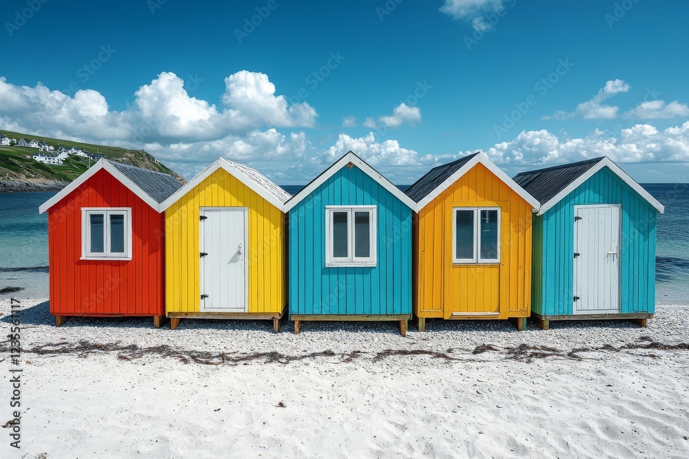 Vibrant Beachfront Beauty: A Spectacular Row of Colorful Beach Huts Lining a Sandy Shore under a Clear Blue Sky Vibrant Beachfront Beauty: A Spectacular Row of Colorful Beach Huts Lining a Sandy Shore under a Clear Blue Sky