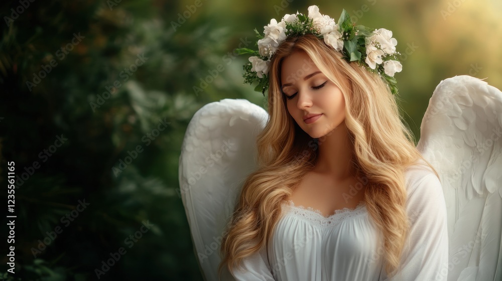 Ethereal Female Figure with Angel Wings and Flower Crown in Serene Natural Background Ethereal Female Figure with Angel Wings and Flower Crown in Serene Natural Background