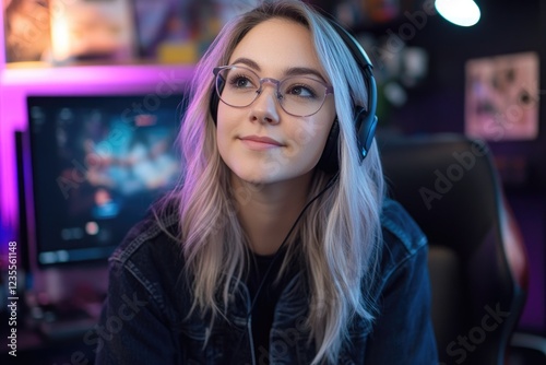 Gamer Girl with Headphones Lost in Thought