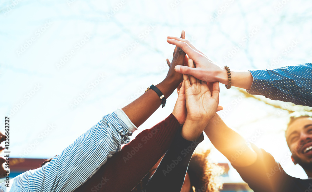 Obraz premium Students success, hands or high five on outdoor campus for achievement or college scholarship in university. School, teamwork or people with learning goal or help for passing exam or test results