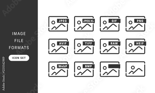 画像ファイルの形式別ベクターアイコンセット (JPEG、PNG、次世代フォーマットなど)