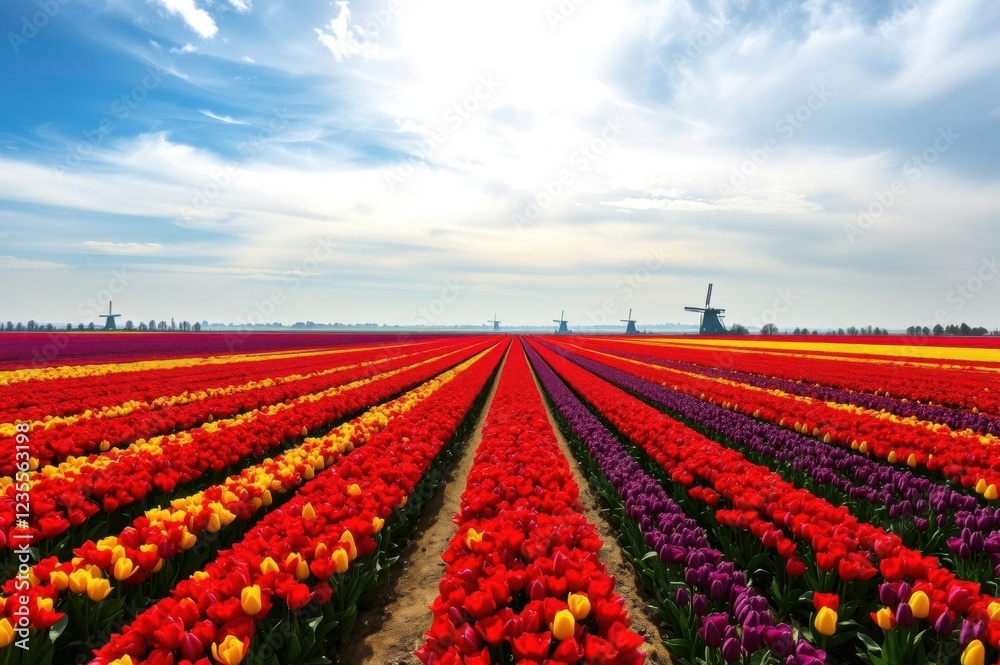 Vibrant Rows of Spring Tulips in a Sunlit Dutch Field with Windmills Vibrant Rows of Spring Tulips in a Sunlit Dutch Field with Windmills