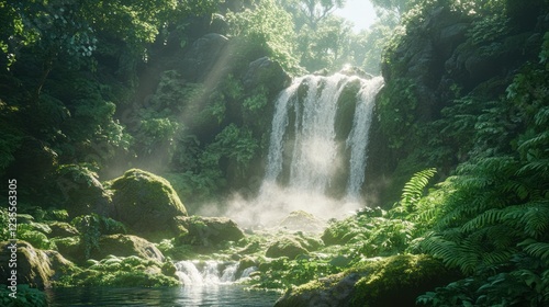 Lush jungle waterfall, sun rays, misty pool, tranquil scene, nature background
