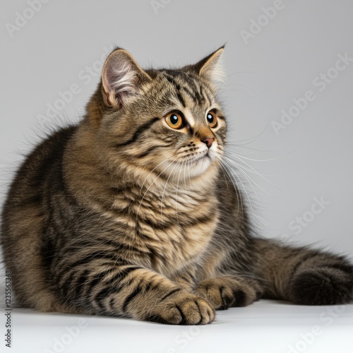 Tabby cat resting, studio shot, gray background, pet portrait photo