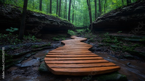 Serene wooden pathway winding through lush green forest with rocky cliffs and tranquil stream photo