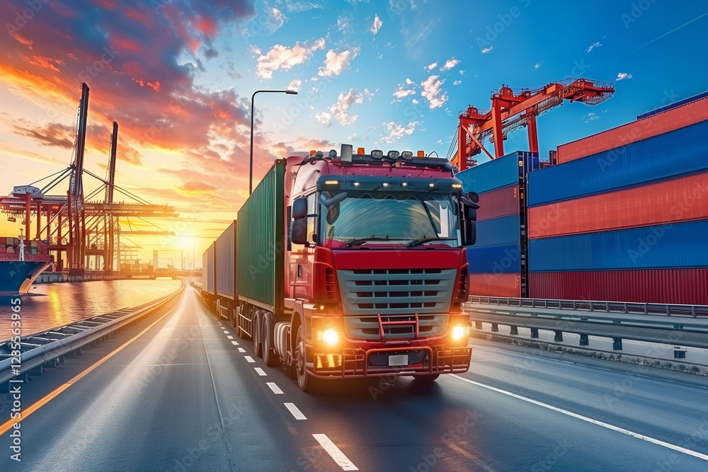 Fototapeta premium A red truck driving on a road near a port at sunset, with shipping containers and cranes in the background