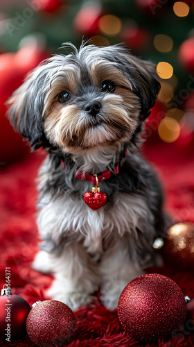 Adorable Shih Tzu puppy festive holiday decorations Christmas cute fluffy dog red heart collar ornaments warm cozy playful pet posing winter furry gift joy soft love baby eve home pet gentle sweet photo